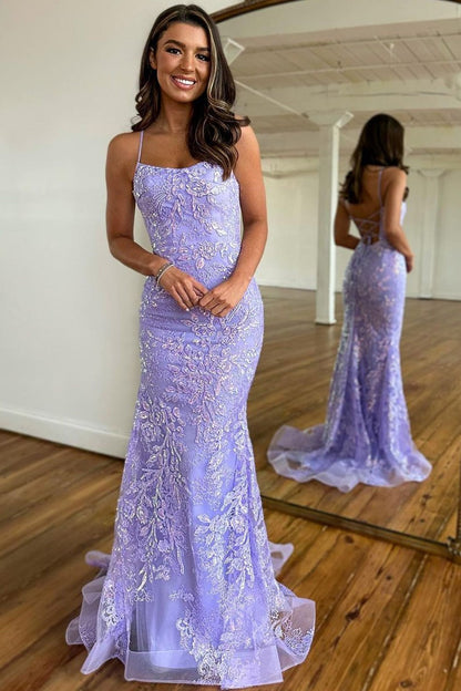 Robes de bal longues à lacets en forme de corset avec bretelles fines en lilas doux