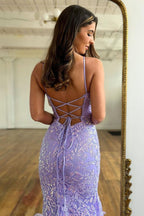 Sweet Lilac Spaghetti Straps Lace Up Long Corset Prom Dresses