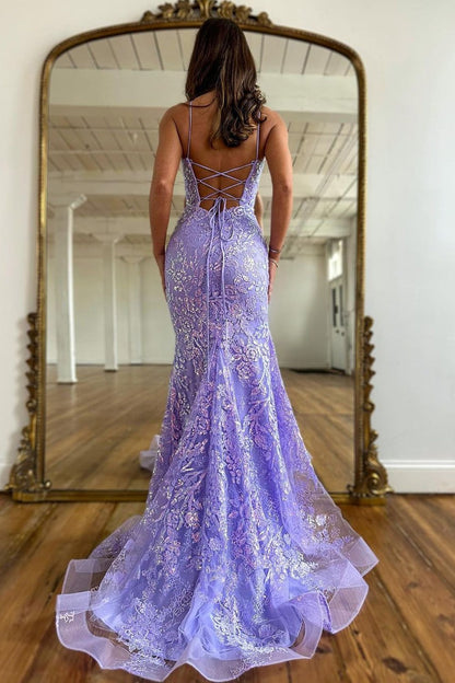 Robes de bal longues à lacets en forme de corset avec bretelles fines en lilas doux