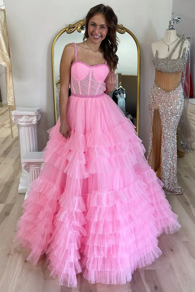 Tiered Ruffle Tulle Prom Dress Beaded Evening Dresses,BD93346