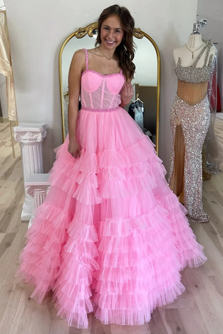 Tiered Ruffle Tulle Prom Dress Beaded Evening Dresses