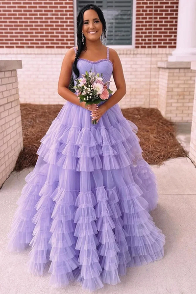 Tiered Ruffle Tulle Prom Dress Beaded Evening Dresses,BD93346