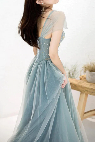 Tulle A-Line Off-the-Shoulder Beaded Prom Dresses, Long Formal Dresses,BD930797
