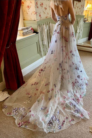 Tulle Lace A-line Colorful Sweetheart Appliqued Prom Dresses, Evening Dress