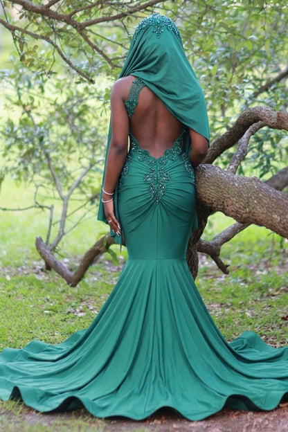 Robes de bal sirène col en V sans manches, perles, traîne, vert émeraude