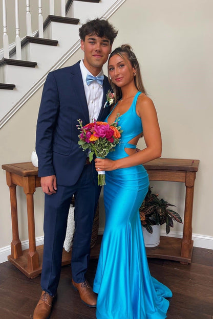Robe de bal longue sirène en satin extensible bleu clair à col en V