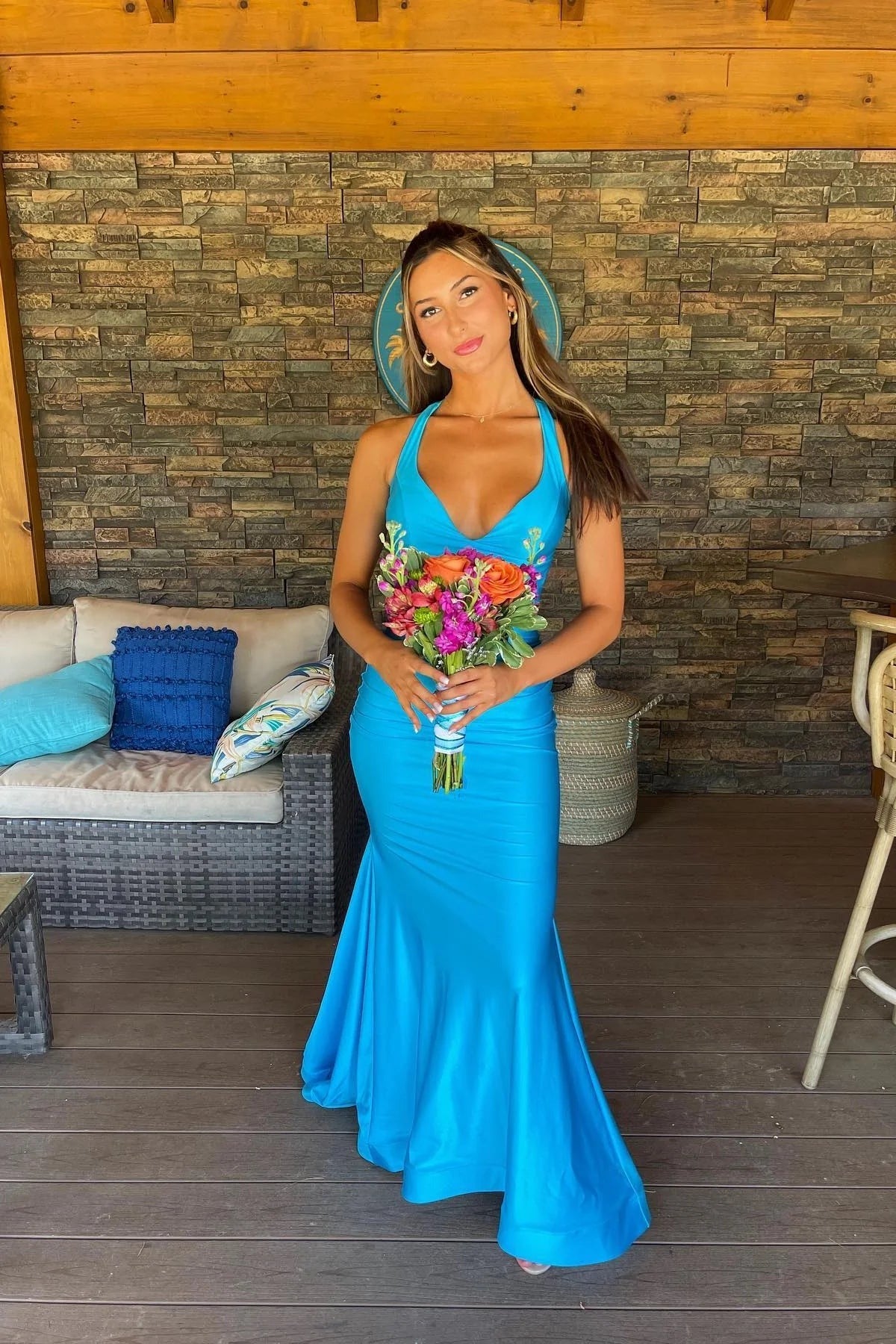 Mermaid V Neck Light blue Stretch Satin Long Prom Dress