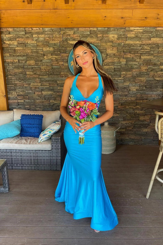 Robe de bal longue sirène en satin extensible bleu clair à col en V