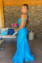 Mermaid V Neck Light blue Stretch Satin Long Prom Dress