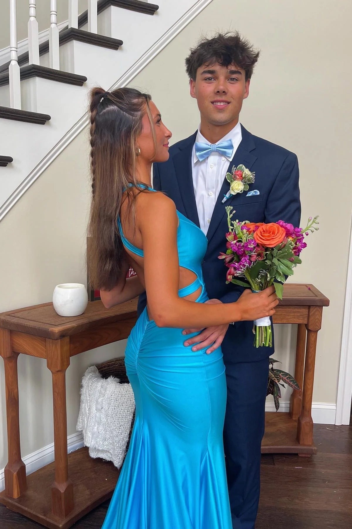 Mermaid V Neck Light blue Stretch Satin Long Prom Dress