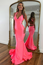 Mermaid V Neck Light blue Stretch Satin Long Prom Dress