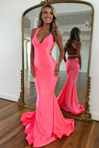 Mermaid V Neck Light blue Stretch Satin Long Prom Dress