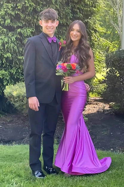 Robe de bal longue sirène en satin extensible bleu clair à col en V