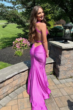 Mermaid V Neck Light blue Stretch Satin Long Prom Dress