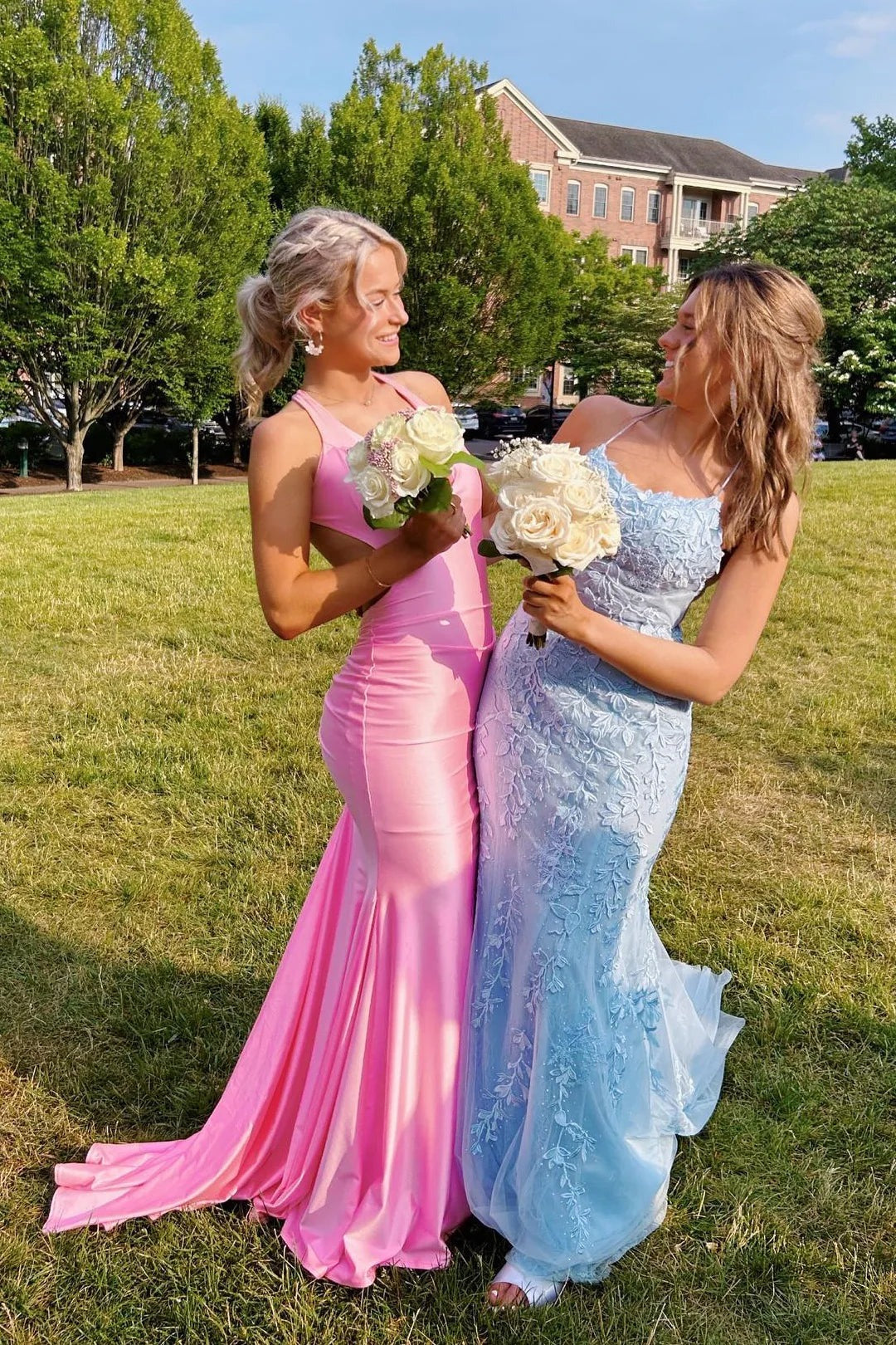 Mermaid V Neck Light blue Stretch Satin Long Prom Dress