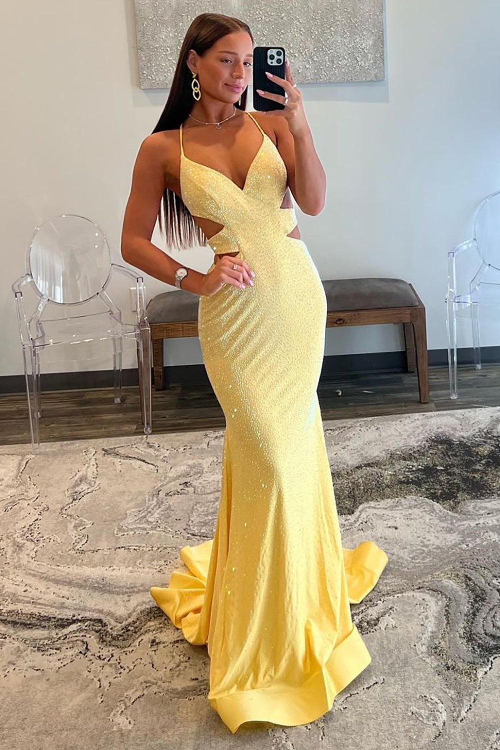 Robes de bal longues perlées à corset lacé et taille ajourée style sirène jaune