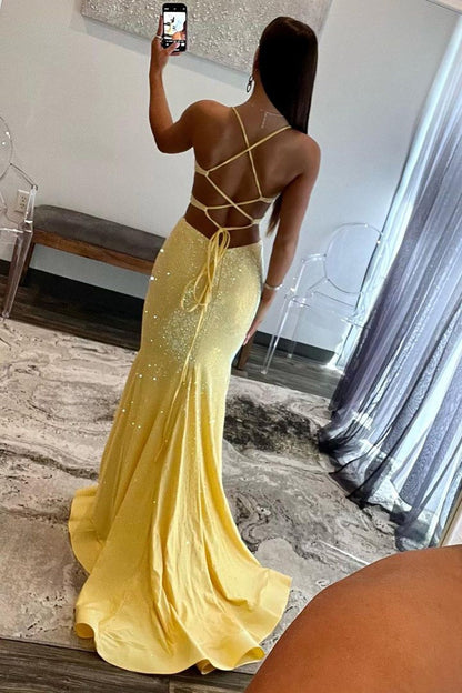 Robes de bal longues perlées à corset lacé et taille ajourée style sirène jaune