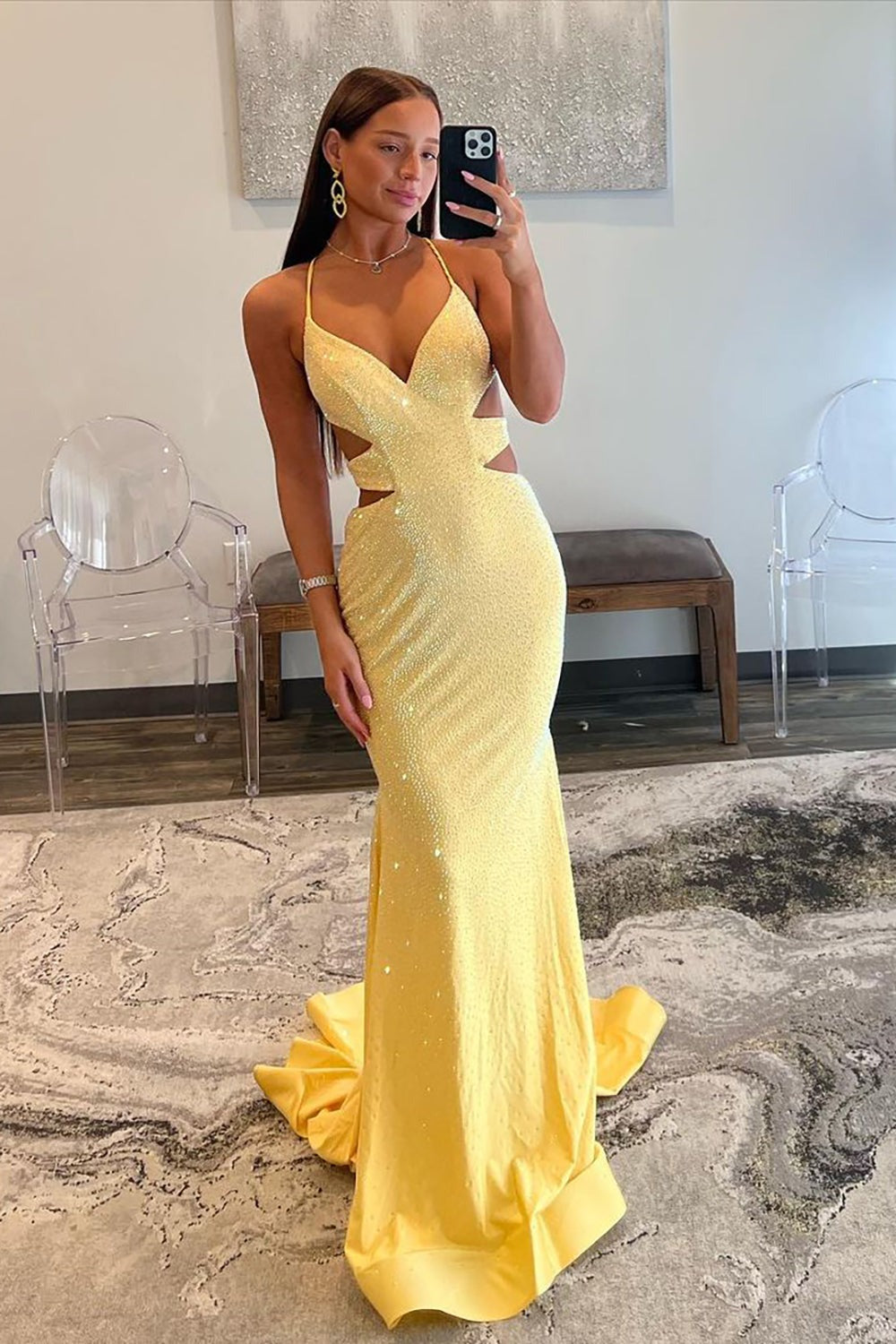 Yellow Mermaid Cutout Waist Lace Up Corset Long Beaded Prom Dresses