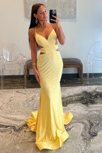 Yellow Mermaid Cutout Waist Lace Up Corset Long Beaded Prom Dresses
