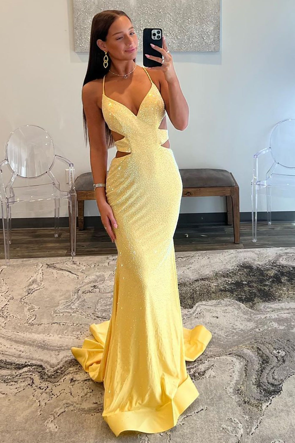 Yellow Mermaid Cutout Waist Lace Up Corset Long Beaded Prom Dresses
