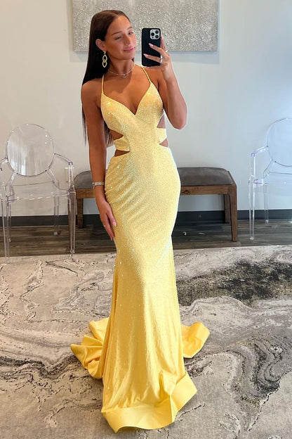 Robes de bal longues perlées à corset lacé et taille ajourée style sirène jaune