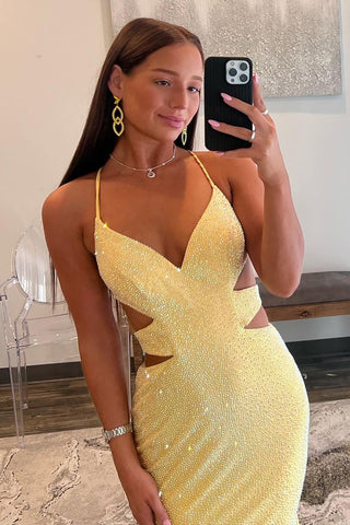 Yellow Mermaid Cutout Waist Lace Up Corset Long Beaded Prom Dresses