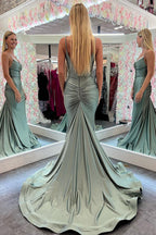 Mermaid Scoop Neck Sage Green Satin Long Prom Dresses