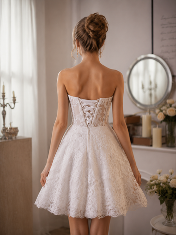 White Lace Strapless Short A Line Homecoming Dresses