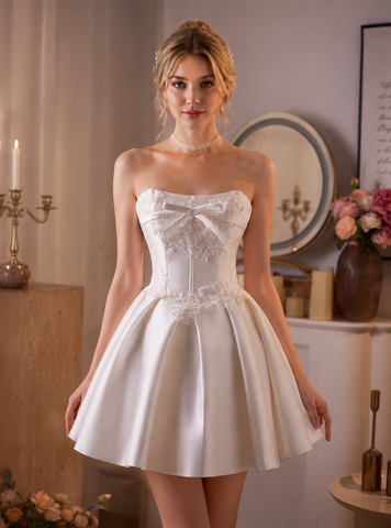 White Satin Strapless Appliques Short Homecoming Dresses