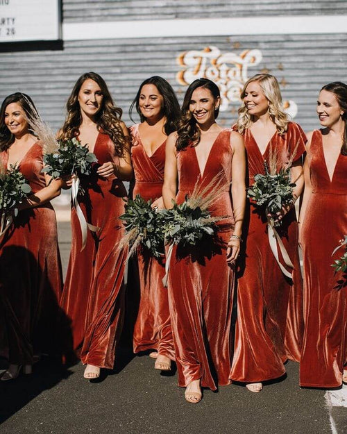 V Neck Sleeveless Winter Rust Velvet Bridesmaid Dresses,Wedding Guest – luladress
