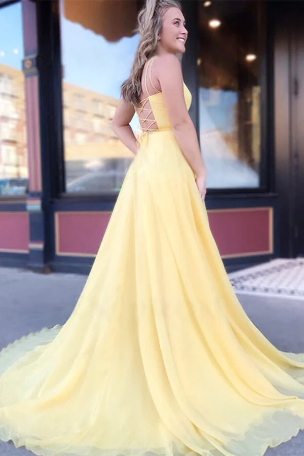 Chiffon A-line Yellow Spaghetti Straps Long Prom Dresses, Evening Gown
