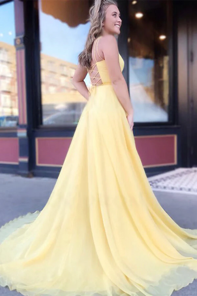 Chiffon A-line Yellow Spaghetti Straps Long Prom Dresses, Evening Gown,BD930821