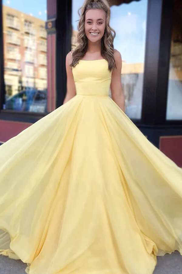 Chiffon A-line Yellow Spaghetti Straps Long Prom Dresses, Evening Gown