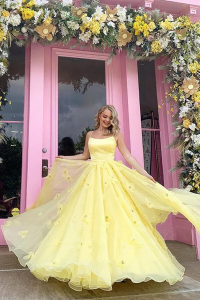 Yellow Satin Tulle Ball Gown Spaghetti Straps 3D Flowers Prom Dresses,BD930803