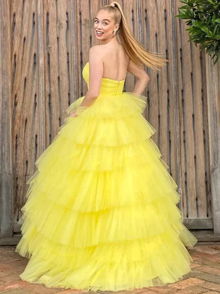 Yellow Layered Long Tulle Sweetheart Prom Dresses