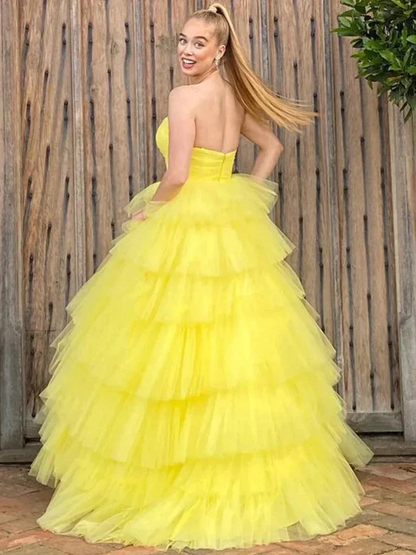 Yellow Layered Long Tulle Sweetheart Prom Dresses