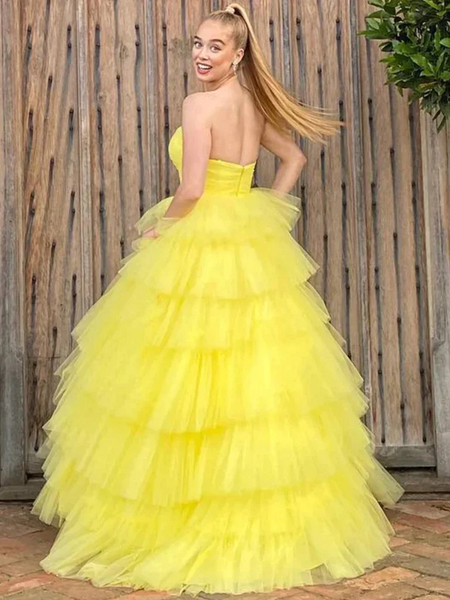 Yellow Layered Long Tulle Sweetheart Prom Dresses,BD930836