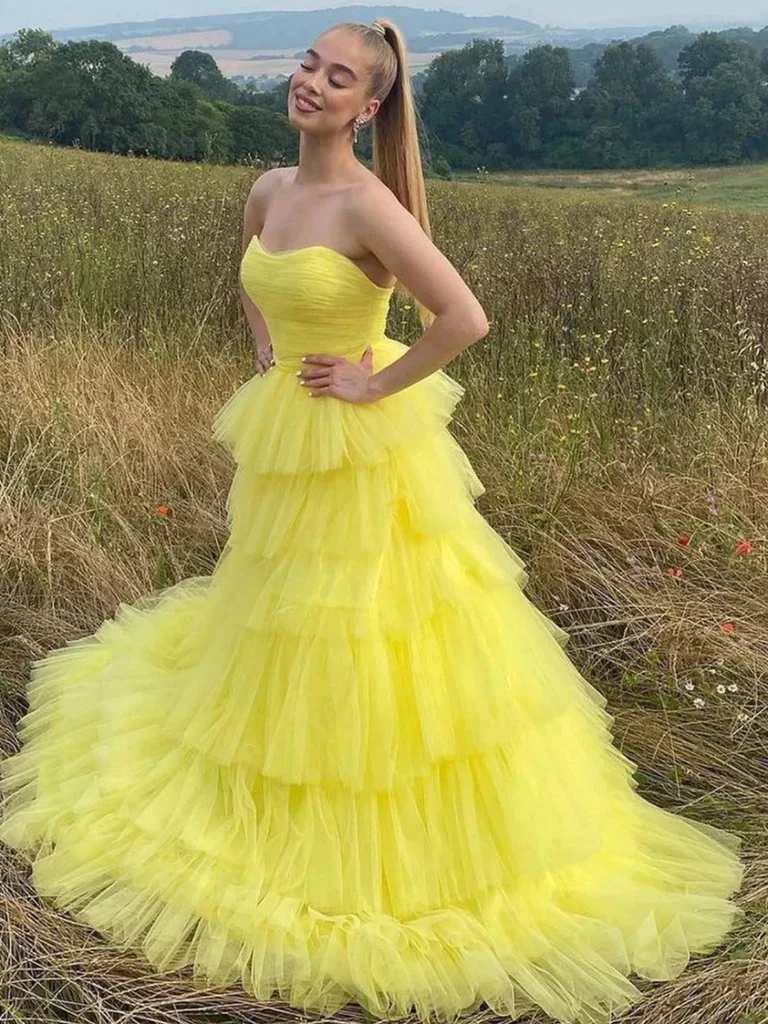 Yellow Layered Long Tulle Sweetheart Prom Dresses