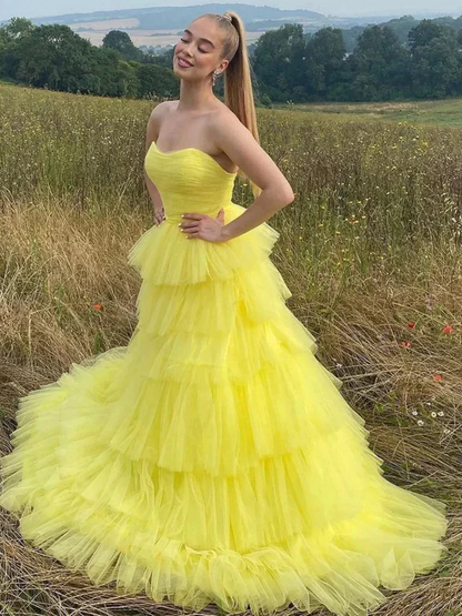 Yellow Layered Long Tulle Sweetheart Prom Dresses