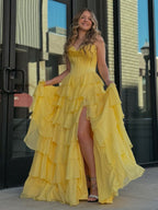 Yellow Sweetheart Ruffle Chiffon Tiered Long Prom Dresses