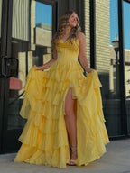 Yellow Sweetheart Ruffle Chiffon Tiered Long Prom Dresses