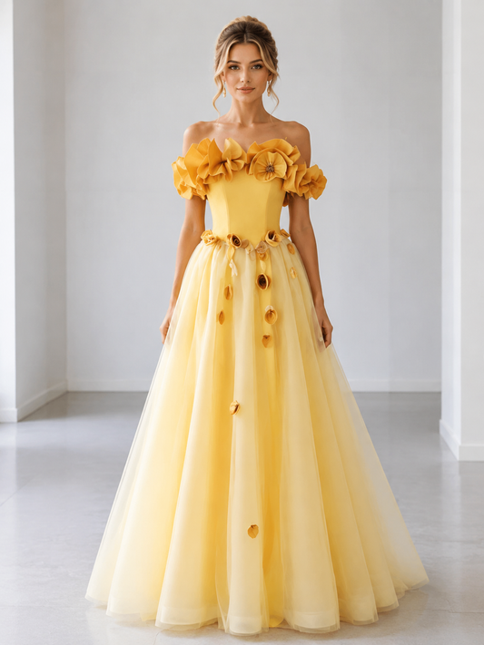 Robes de bal évasées en tulle jaune avec applications et épaules dénudées