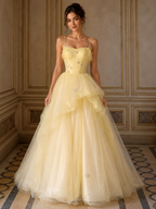 Yellow Tulle Spaghetti Straps Beading A Line Prom Dresses
