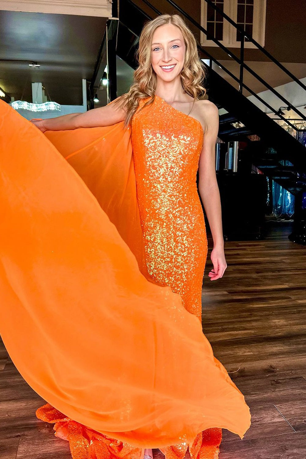 One Shoulder Orange Sequins Mermaid Prom Dresses – luladress One Shoulder Orange Sequins Mermaid Prom Dresses – luladress