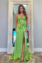 Mermaid V Neck Green Satin Prom Dresses