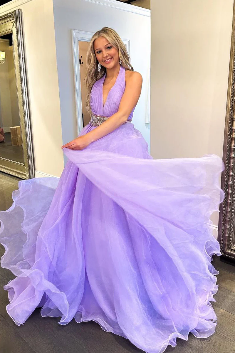 lilac halter neck prom dress MissJophiel Halter High Neck Mini Prom Dress Lavender / Floor Length / US2