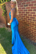 Mermaid Deep V Neck Blue Satin Prom Dresses