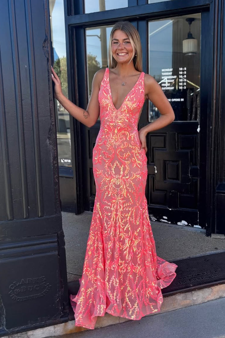 Charming V Neck Coral Sequins Long Mermaid Prom Dresses