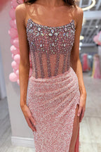 Mermaid Scoop Neck Blush Pink Sequins Prom Dress