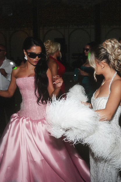 A-Line Strapless Pink Satin Sequins Long Prom Dresses